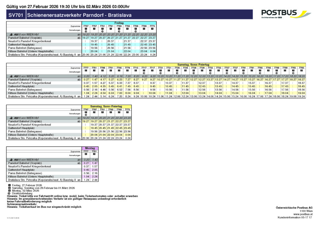 Fahrplan Schienenersatzverkehr Parndorf - Bratislava