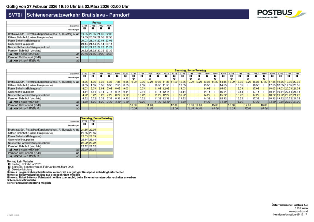 Fahrplan Schienenersatzverkehr Bratislava - Parndorf