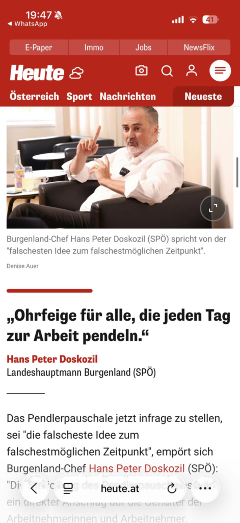 Screenshot Heute.at Doskozil über Pendlerpauschale und Pendlereuro